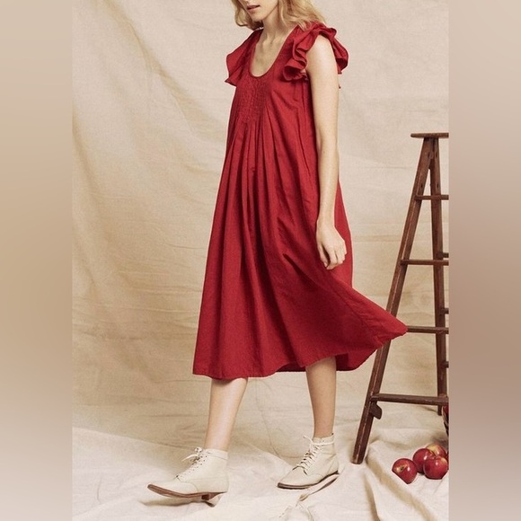 The Great The Flutter Tulip Dress Red Linen Cotton Ruffle Sleeves Pockets Large - Picture 4 of 10